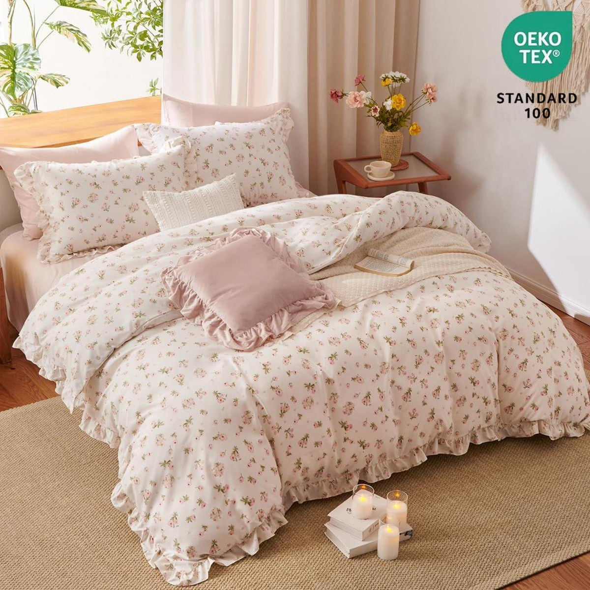 Bettwäsche-Set 135x200 Rosa Blumen mit Rüschen