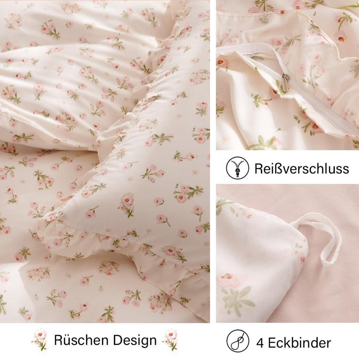 Bettwäsche-Set 135x200 Rosa Blumen mit Rüschen