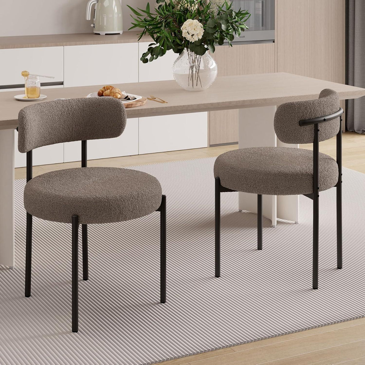 6 Esszimmerstühle Grau-Braun | Bouclé Stoff, Mid-Century Design