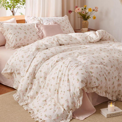 Rüschen Bettwäsche Set Rosa Blumen 200x200 + 2x80x80