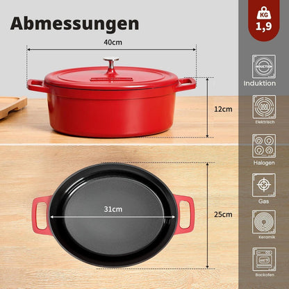 Ovaler Bräter mit Deckel – 31 cm, 6,3 L, Aluguss