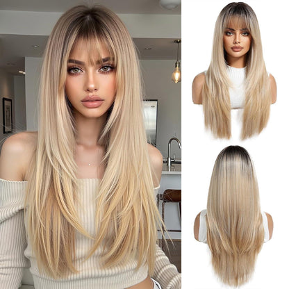 Ombre Blonde Perücke mit Pony, lange synthetische Haare