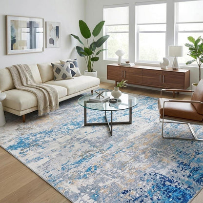 Abstrakter Teppich GrauBlau 200x290cm – Waschbar & Rutschfest