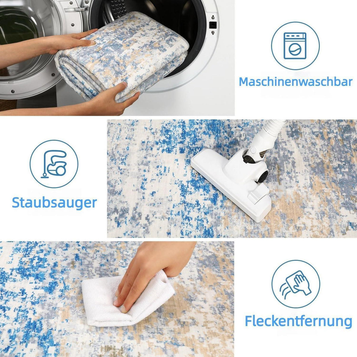 Abstrakter Teppich GrauBlau 200x290cm – Waschbar & Rutschfest