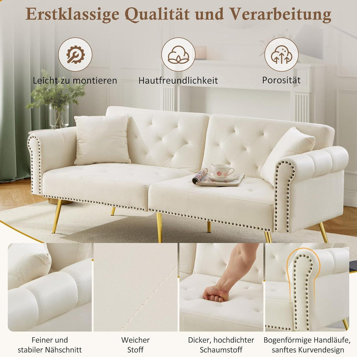 Zweisitzer Schlafsessel Beige Samt mit Verstellbarer Lehne