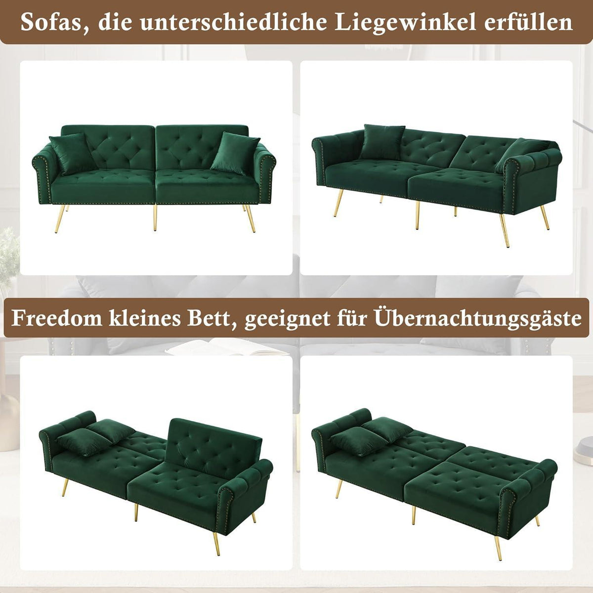 Zweisitzer Schlafsessel Grün, Samt Klappsofa mit Füßen