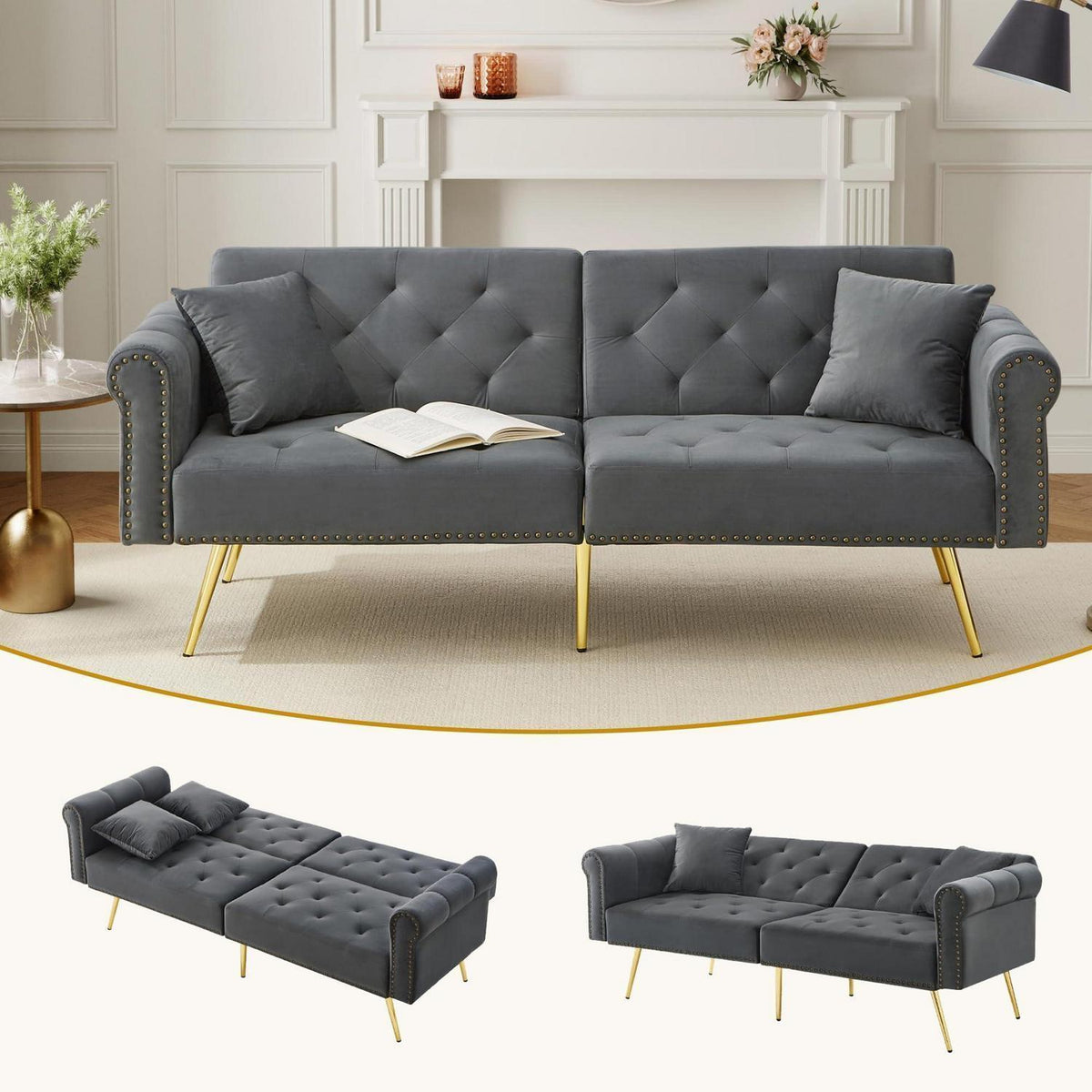 Zweisitzer Schlafsessel Grau – Samt Klappsofa mit Stauraum
