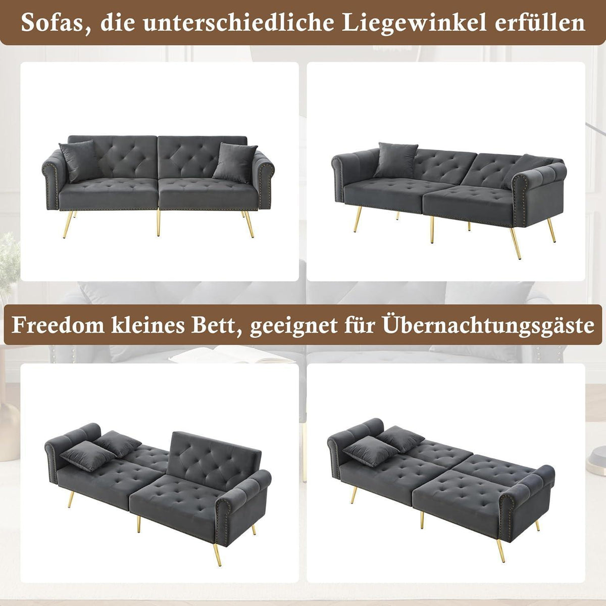 Zweisitzer Schlafsessel Grau – Samt Klappsofa mit Stauraum