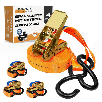 4 Spanngurte 4m, 800kg – Ratsche & S-Haken – Orange