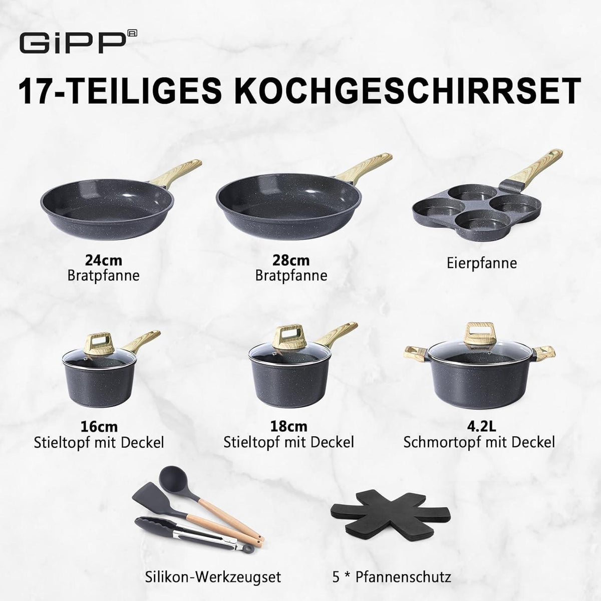 17-teiliges Topf- und Pfannenset mit Antihaftbeschichtung, für alle Herdarten