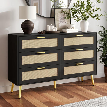 Rattan Kommode mit 6 Schubladen & goldenen Akzenten