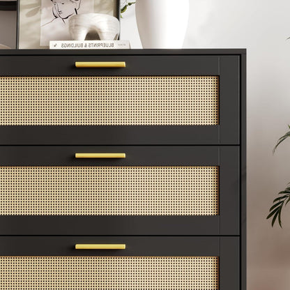 Rattan Kommode mit 6 Schubladen & goldenen Akzenten