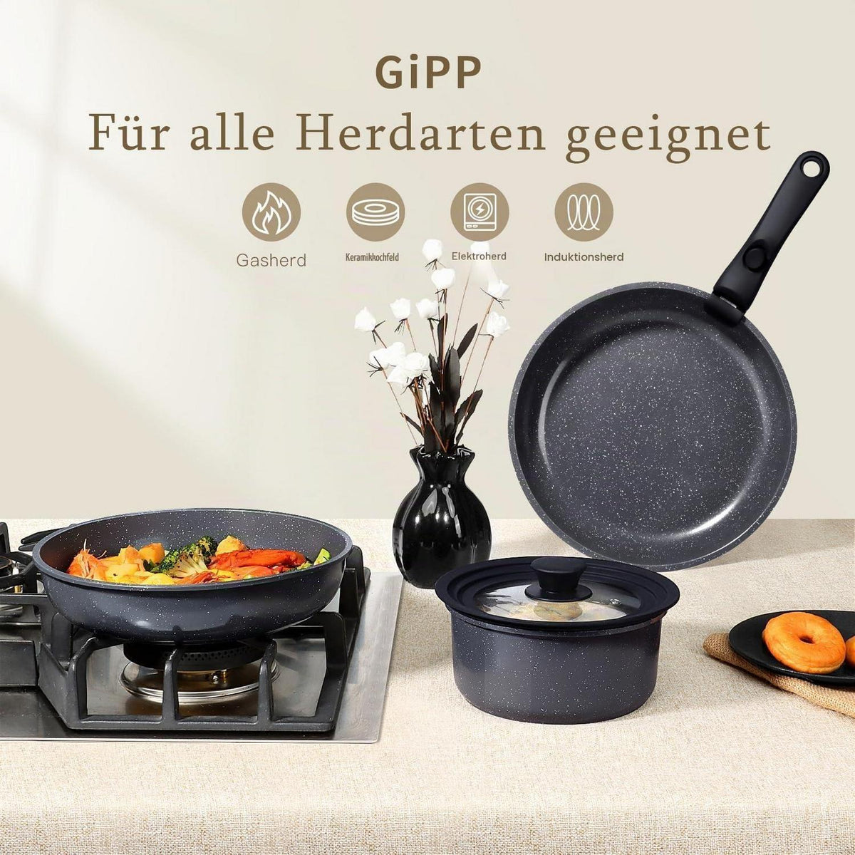 21-teiliges Granit Kochgeschirr Set mit abnehmbaren Griffen