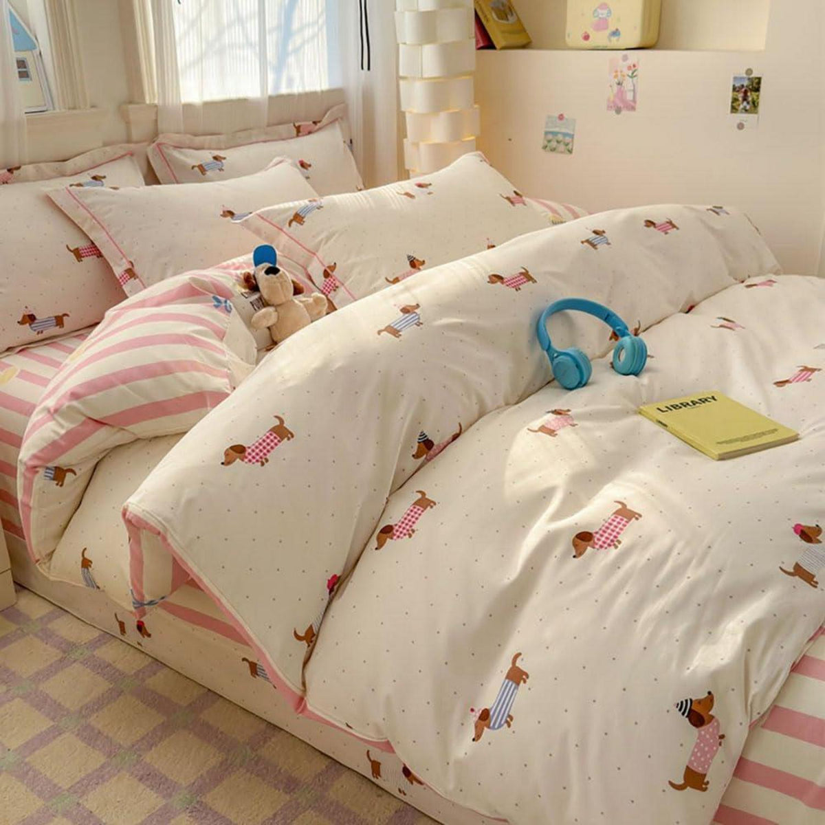 Dackel Bettwäsche 135x200 Rosa Gestreift mit Dackelmotiv