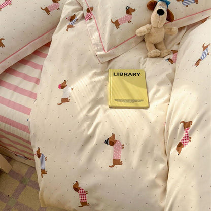 Dackel Bettwäsche 135x200 Rosa Gestreift mit Dackelmotiv