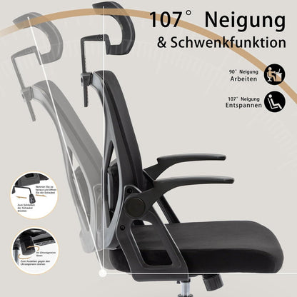 Ergonomischer Bürostuhl mit Kopfstütze und Lordosenstütze, Schwarz