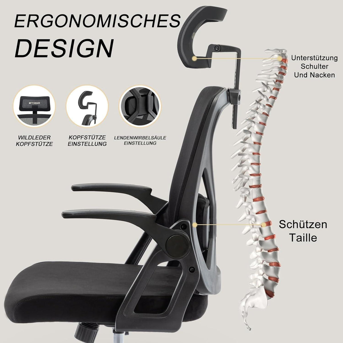 Ergonomischer Bürostuhl mit Kopfstütze und Lordosenstütze, Schwarz