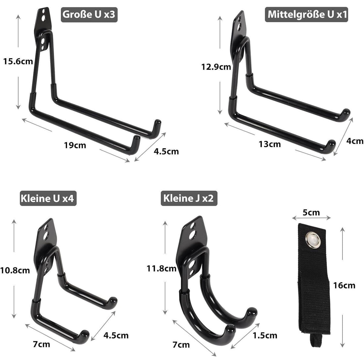 12er Pack Garagenhaken für Werkzeug, Fahrrad & Leiter (Schwarz)