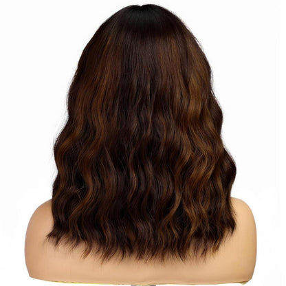 Dunkelbraune Bob-Perücke mit blonden Highlights, gewellt