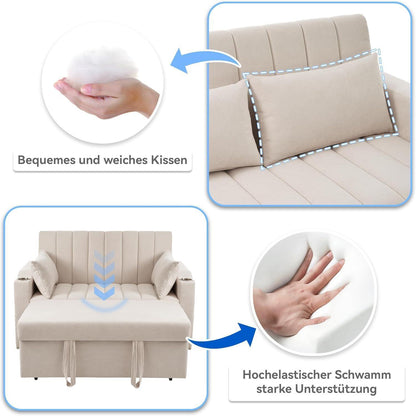 Modernes Schlafsofa mit Getränkehaltern & Kissen – Beige