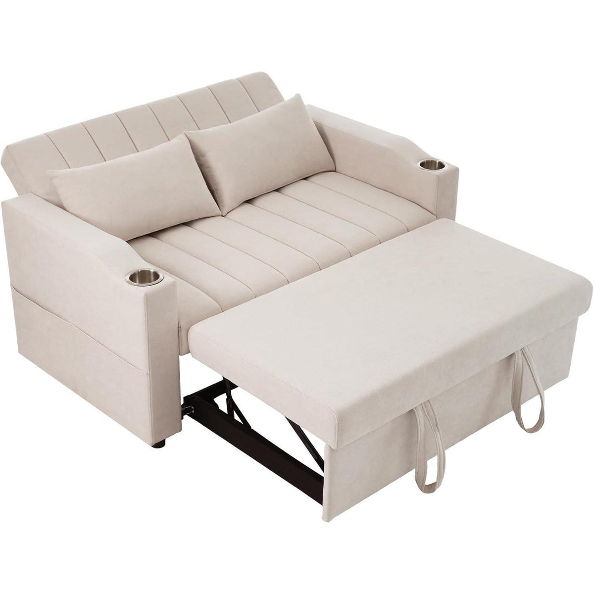 Modernes Schlafsofa mit Getränkehaltern & Kissen – Beige
