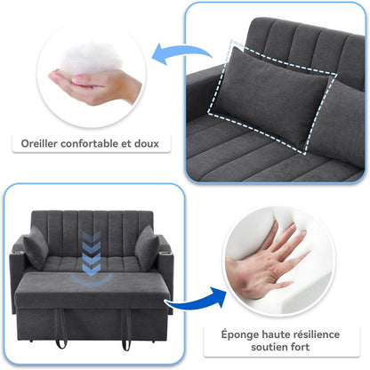 Modernes Schlafsofa mit Getränkehaltern & Kissen – Grau