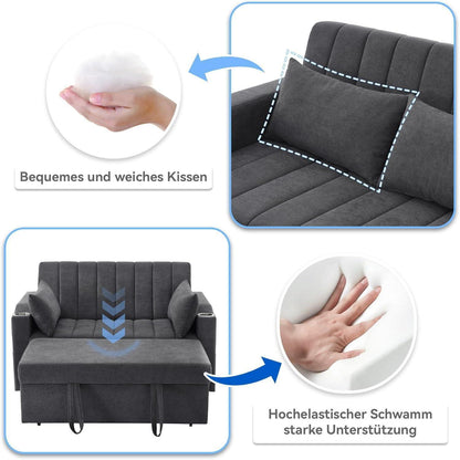 Modernes Schlafsofa mit Getränkehaltern & Kissen – Grau
