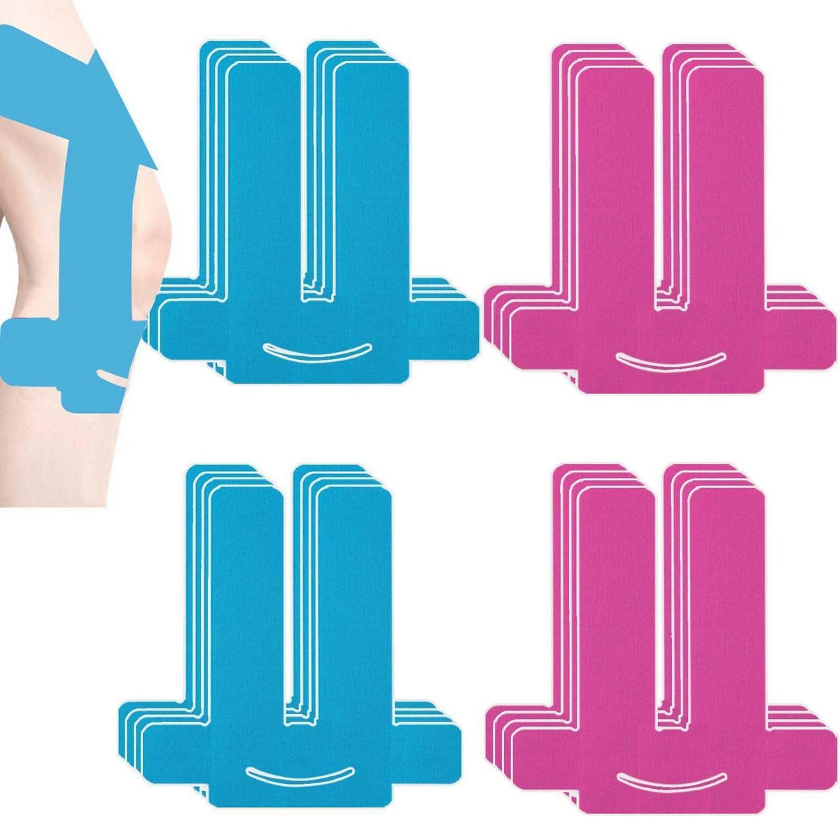 Kinesio Tape Knie Vorgeschnitten – 16 Stück Blau & Rosa