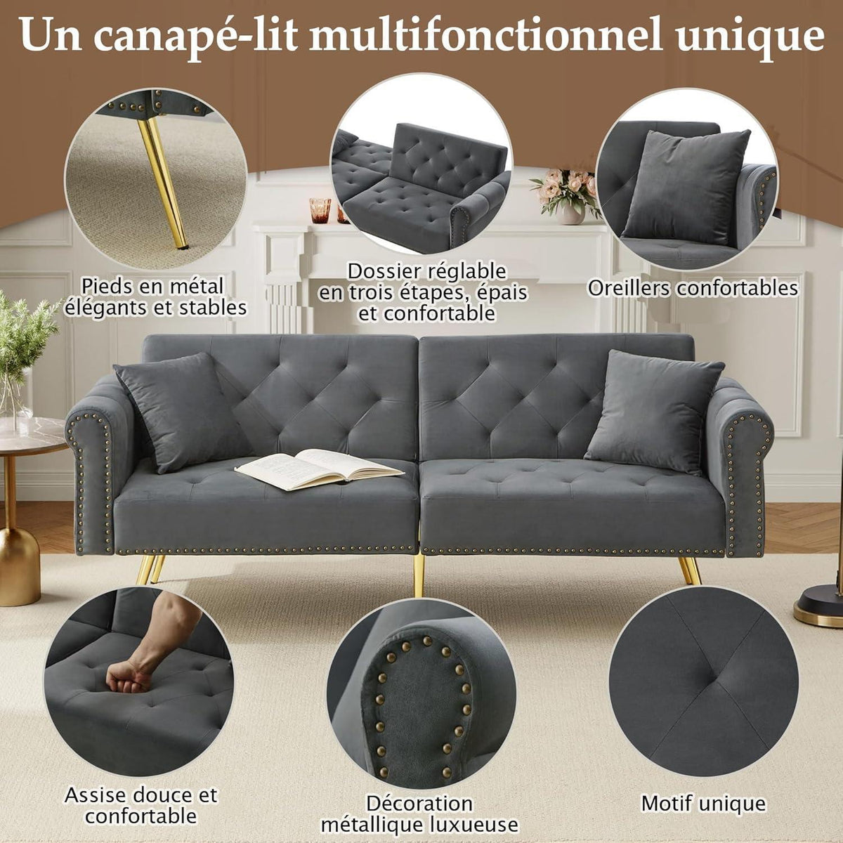 Modernes Schlafsofa mit Samtbezug & verstellbarer Rückenlehne (Grau)