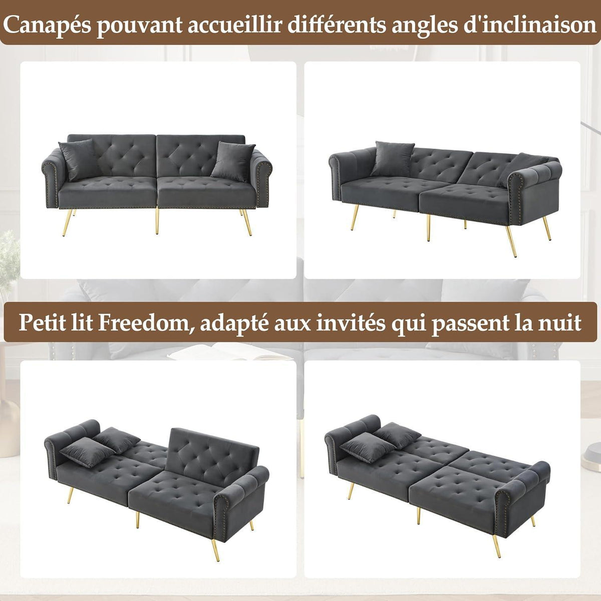Modernes Schlafsofa mit Samtbezug & verstellbarer Rückenlehne (Grau)