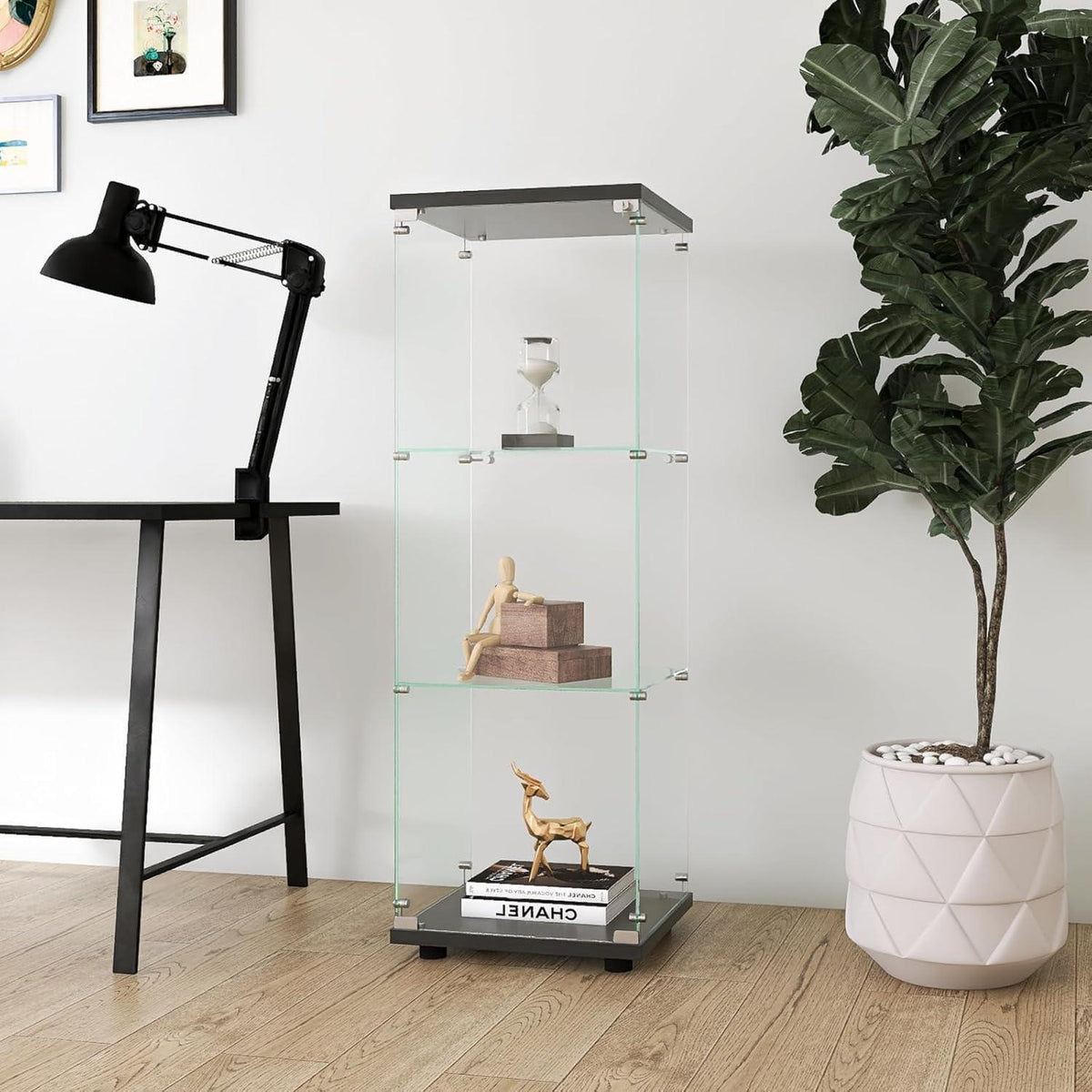 Glasvitrine mit Schloss | 3 Ebenen, Schwarz