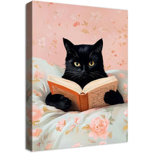 Gerahmtes Leinwandbild Schwarze Katze liest Bücher – Wandkunst Schlafzimmer