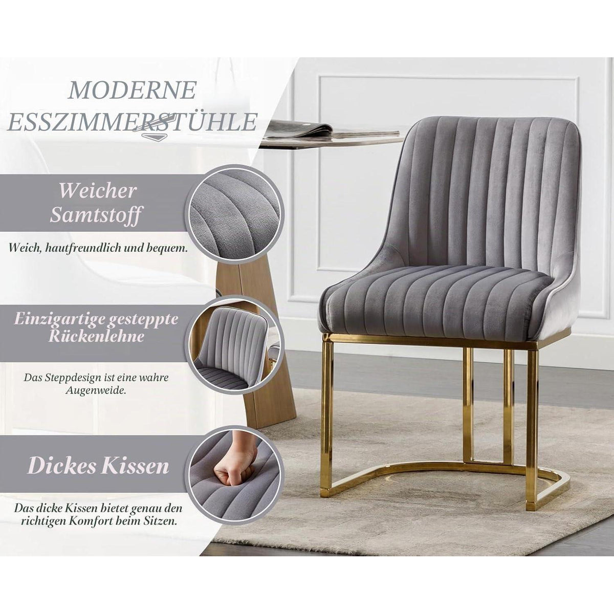 Ya-Home Esszimmerstühle Set Grau – Samt Polsterstühle mit Metallbeinen