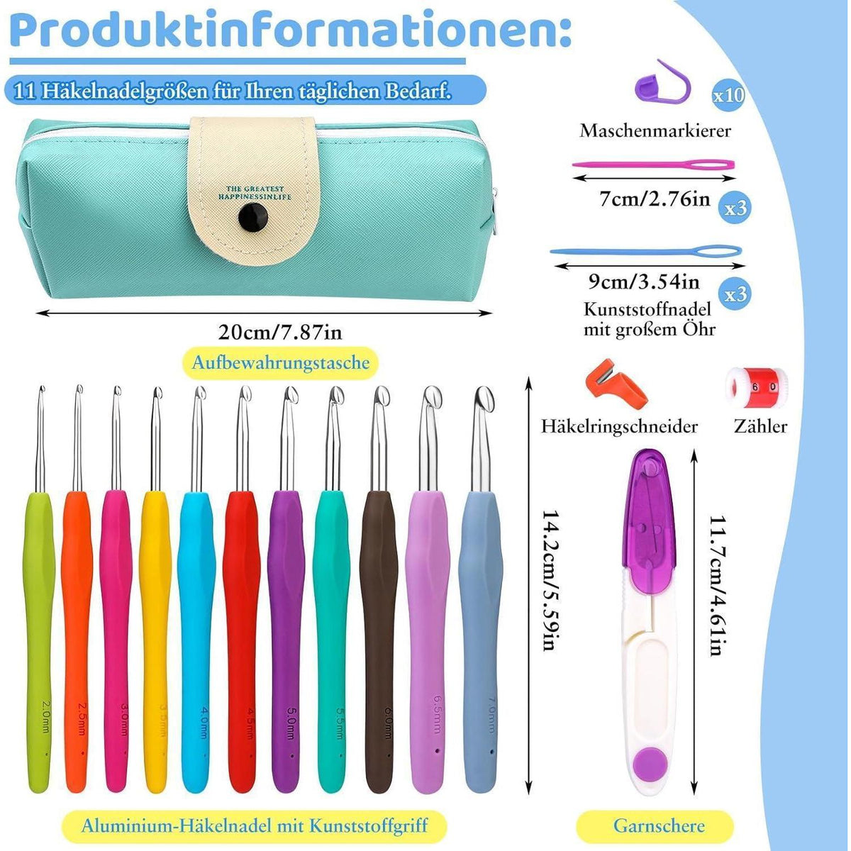 Häkelnadel Set 11 Größen mit Zubehör für Anfänger & Profis
