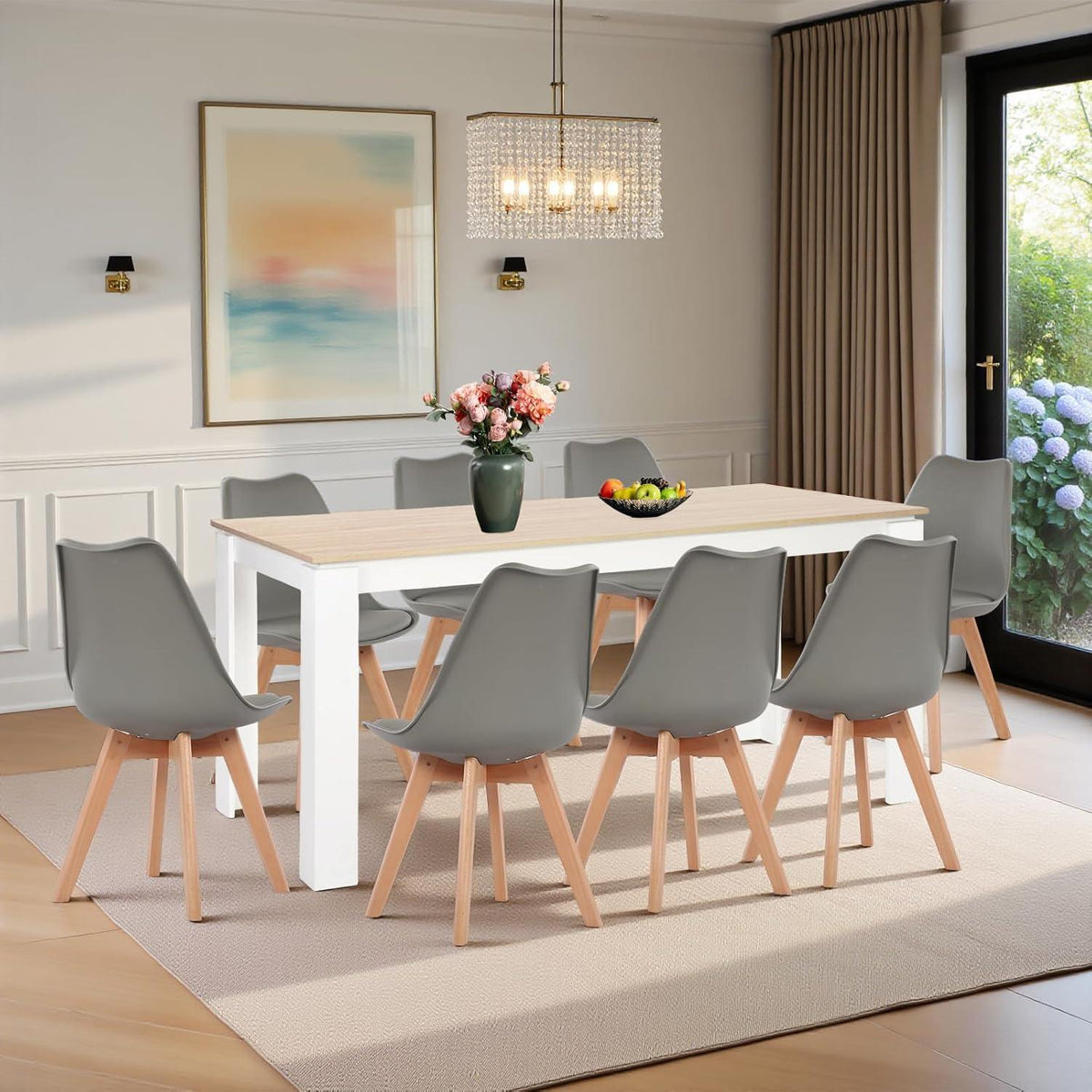 Esszimmergruppe 160cm Eiche-Weiß mit 8 Grau Stühlen