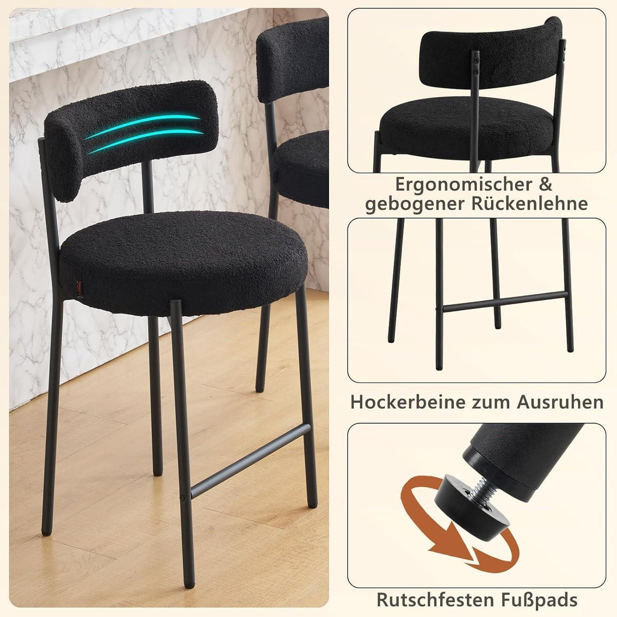 Barhocker Set 4er – Gepolstert, Schwarz, 63,5cm Sitzhöhe