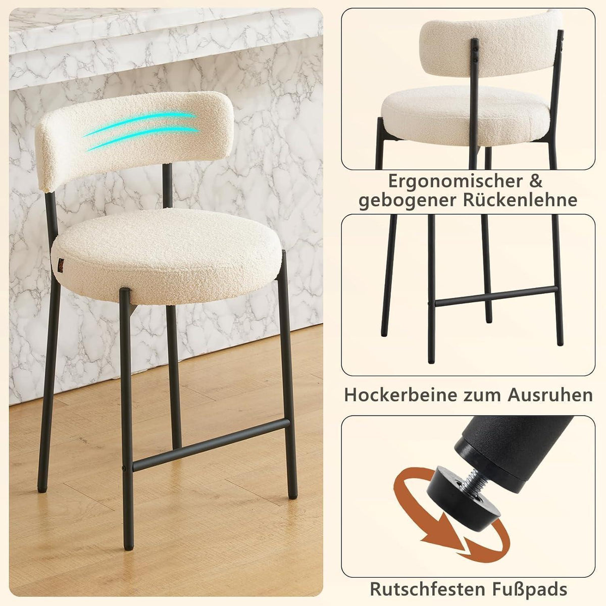 Barhocker Set 2er – Gepolstert, Weiß – 63,5cm Sitzhöhe
