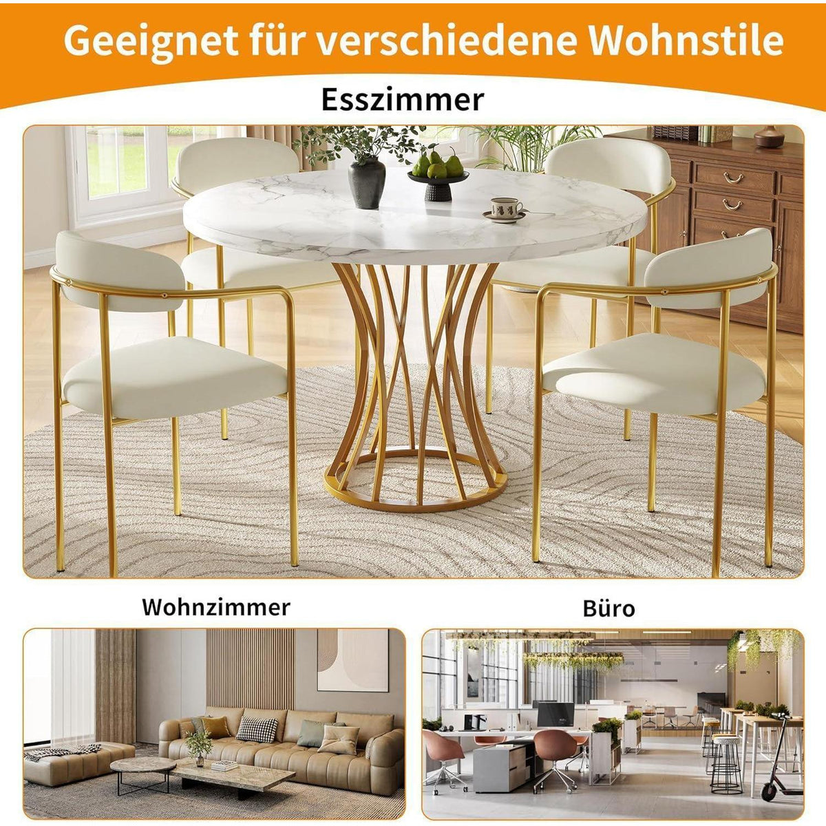 Runder Esstisch Set für 4 Personen | Goldene Metallbeine & Samtstühle