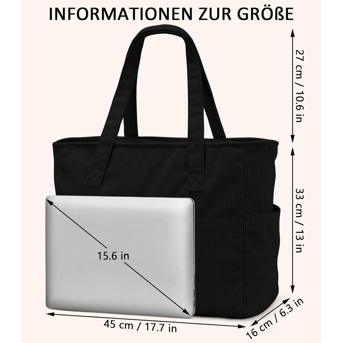 Große Cord Umhängetasche mit Laptopfach - Schwarz