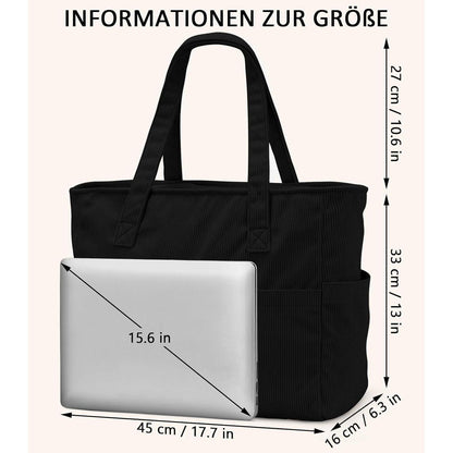 Große Cord Umhängetasche mit Laptopfach - Schwarz