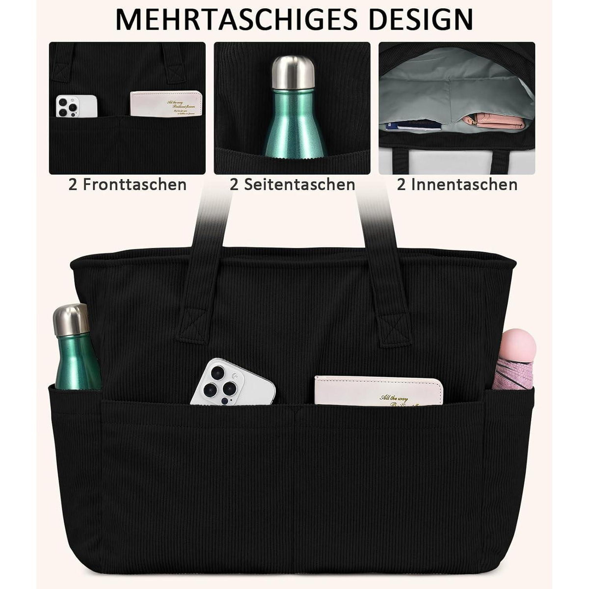 Große Cord Umhängetasche mit Laptopfach - Schwarz