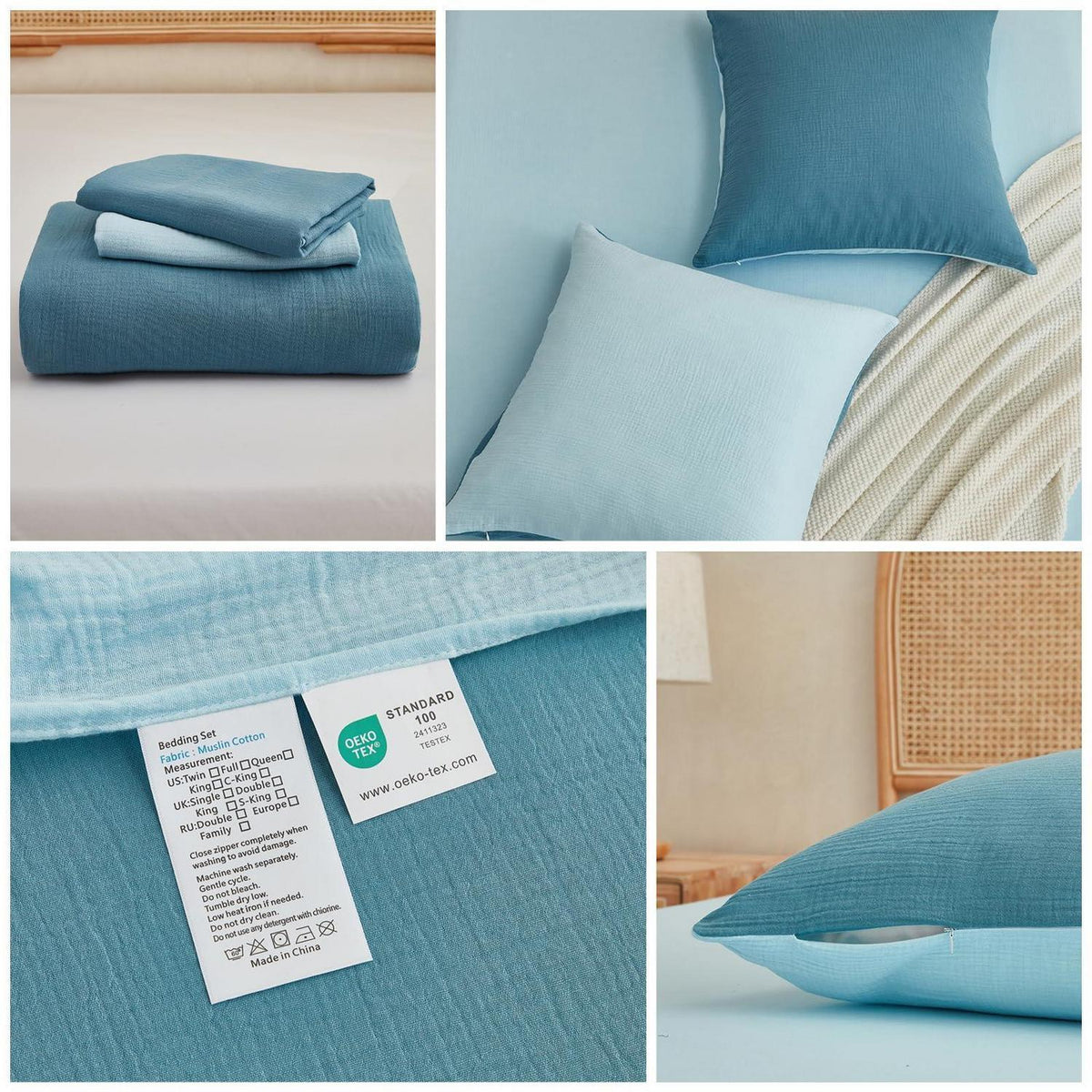 Muslin Bettwäsche 220x240 cm – Atmungsaktiv & Kühlend Blau