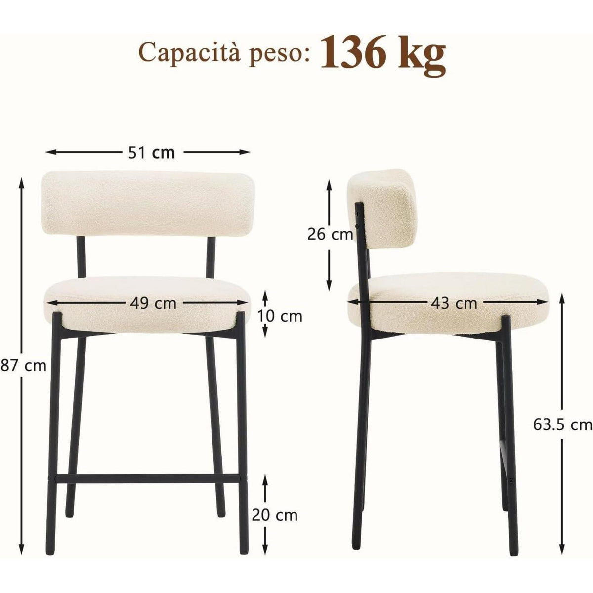 Barhocker Set 4er – Gepolstert, Weiß – 63,5cm Sitzhöhe
