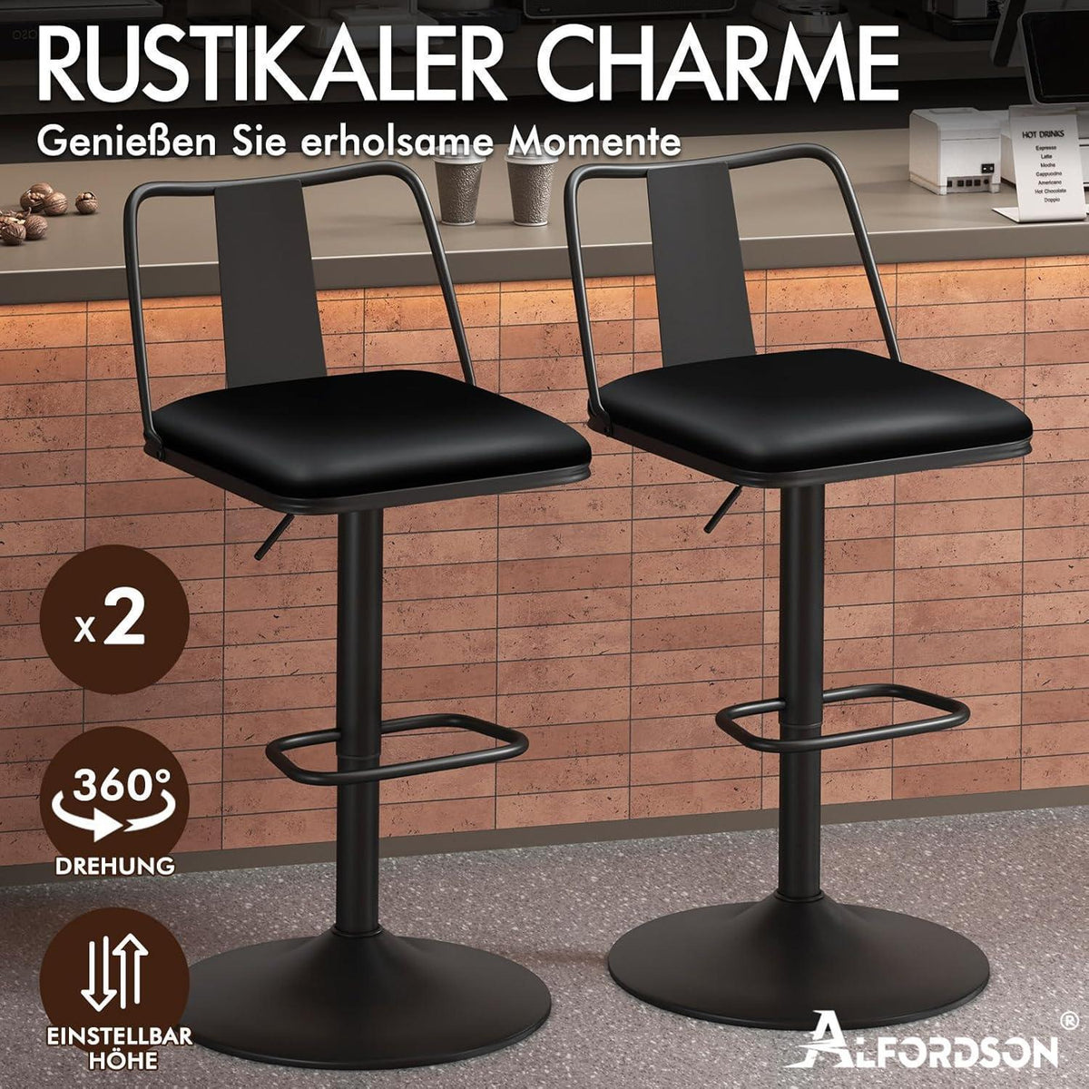 Verstellbarer Barhocker-Set (2x) Schwarz mit Fußstütze