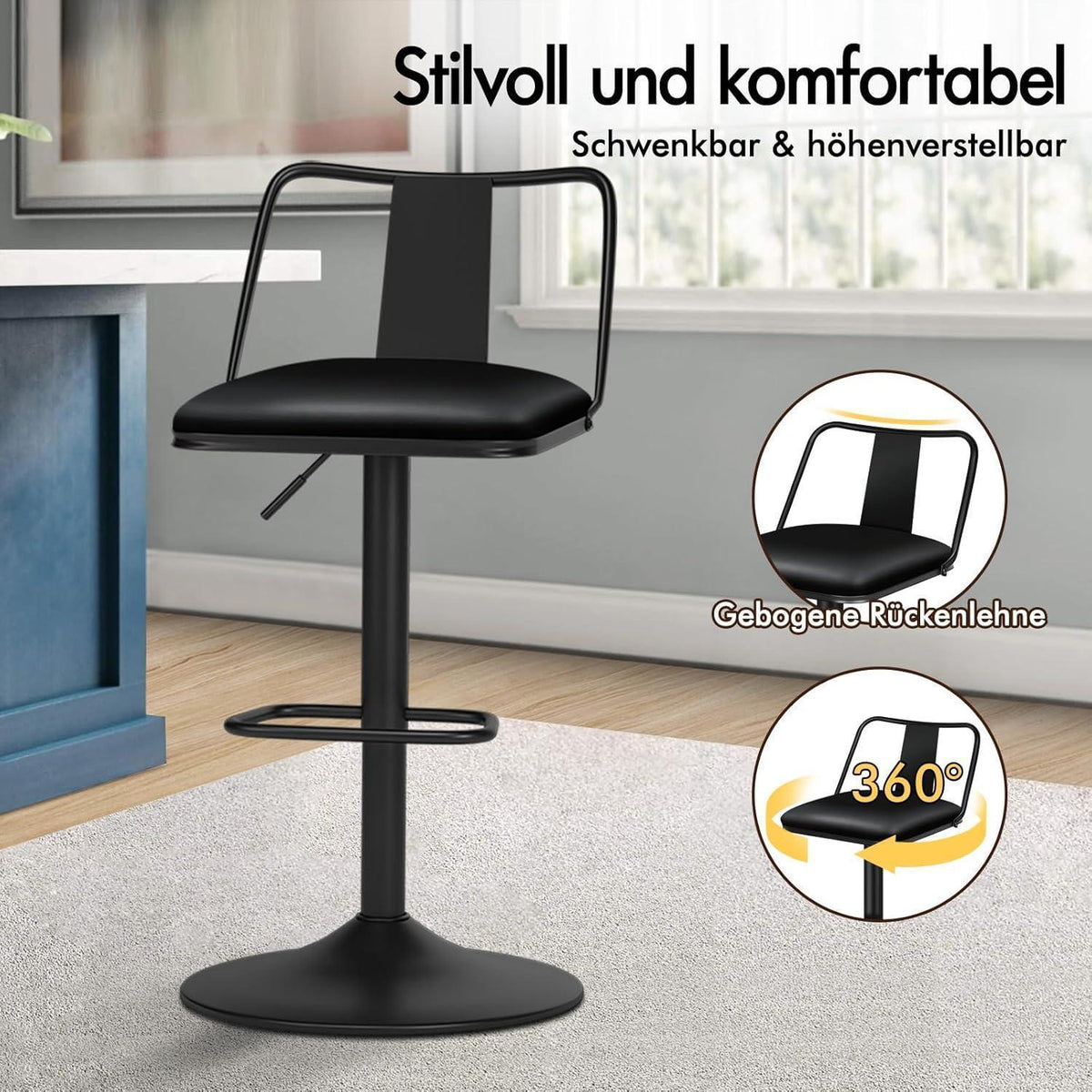 Verstellbarer Barhocker-Set (2x) Schwarz mit Fußstütze