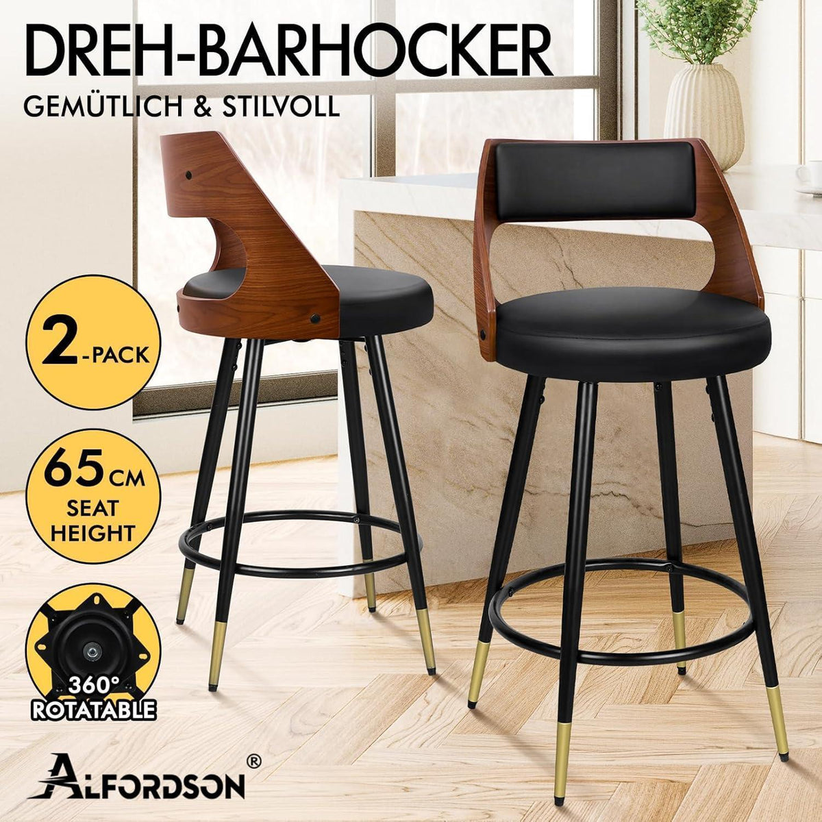Moderner Barhocker-Set (2x) – 65cm Küchenhöhe, Schwarz