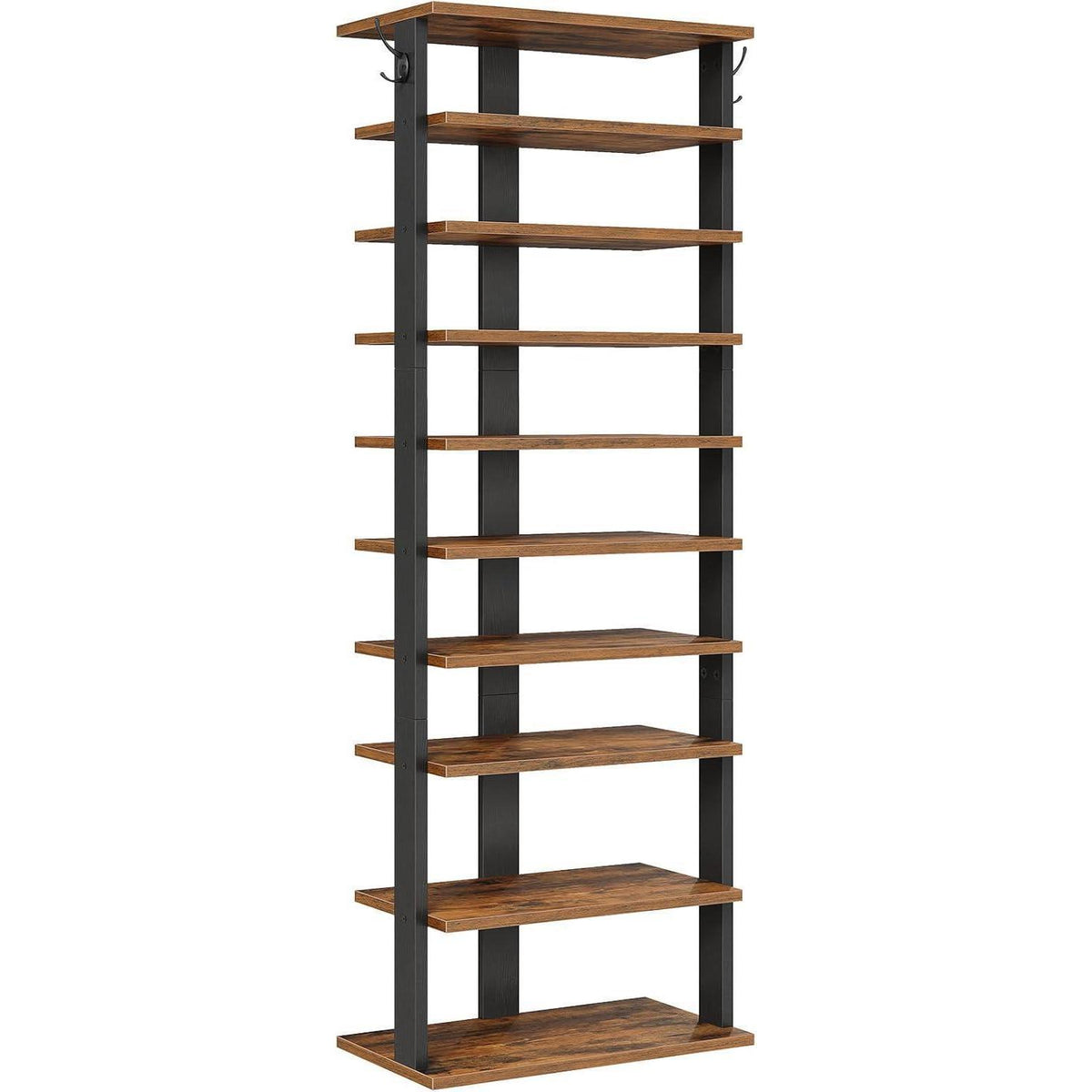 Schuhregal 10-stufig schmal mit Haken, rustikales Braun