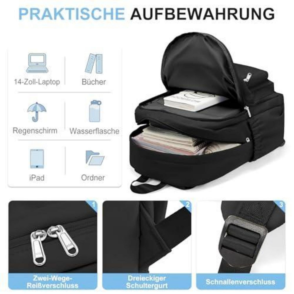 Schwarzer Rucksack Damen Herren – Leichter Reise-Schulrucksack mit Laptopfach