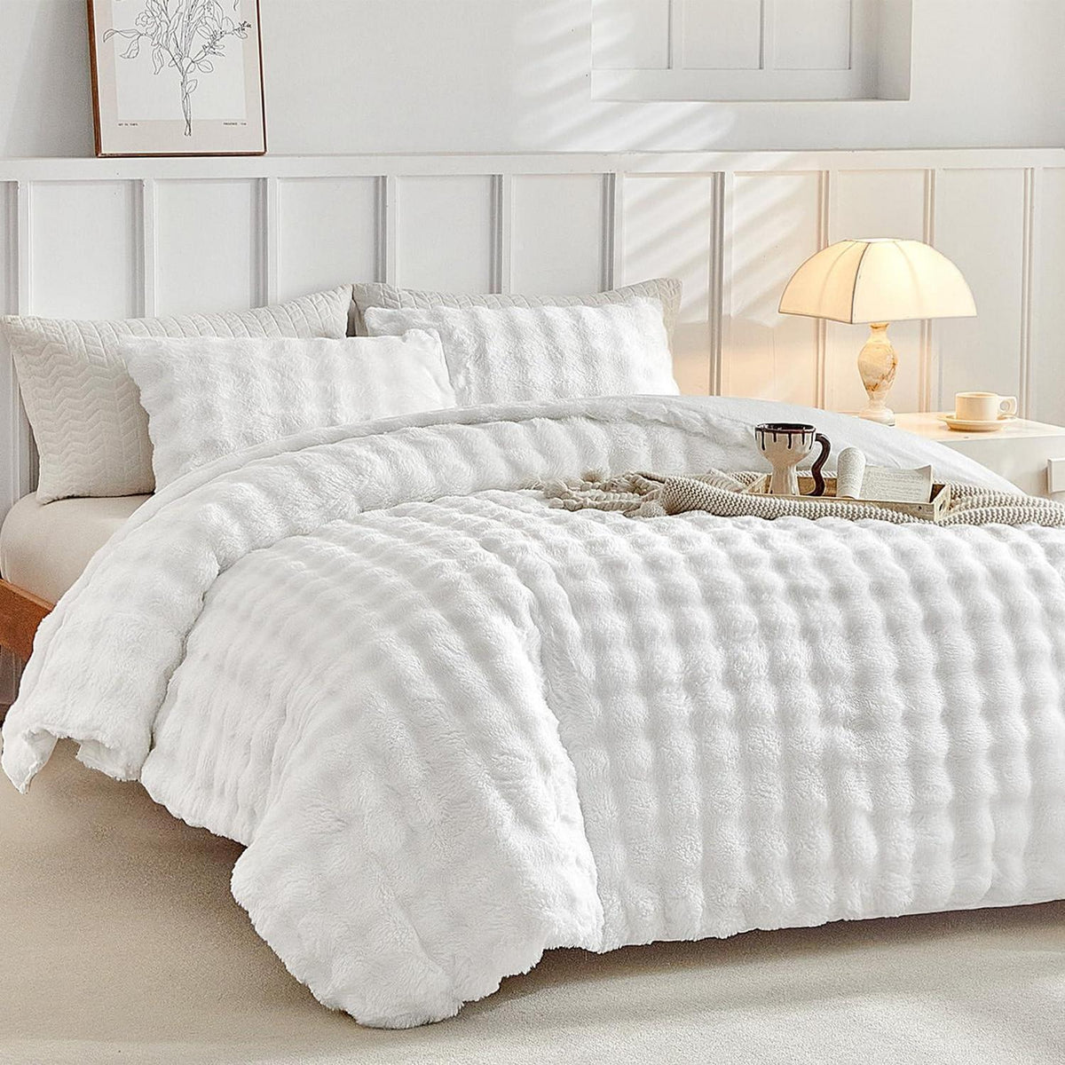 Flauschiges Bettwäsche-Set Doppelbett, Weiß, Kunstfell