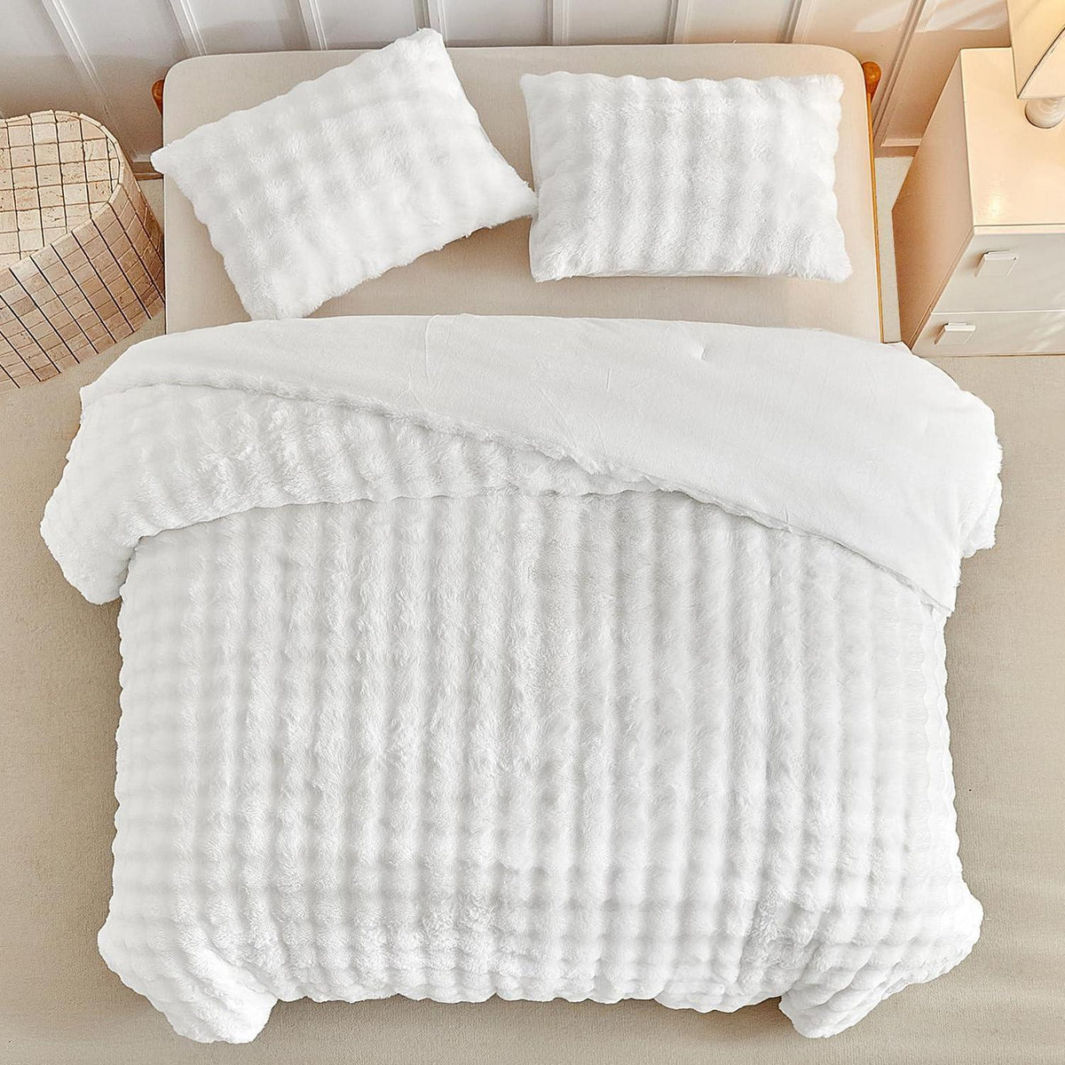 Flauschiges Bettwäsche-Set Doppelbett, Weiß, Kunstfell